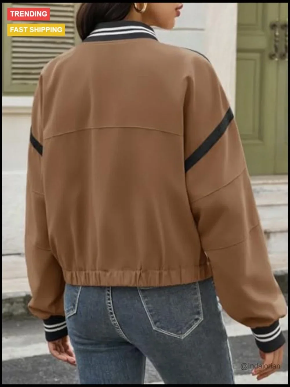 Cropped Bomber Jacket with Button Front and Side Pockets - Picture 2 of 6